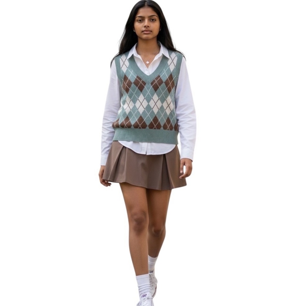 Rewind Argyle Sweater Vest SZ Small Blue Brown Preppy Academic Collegiate